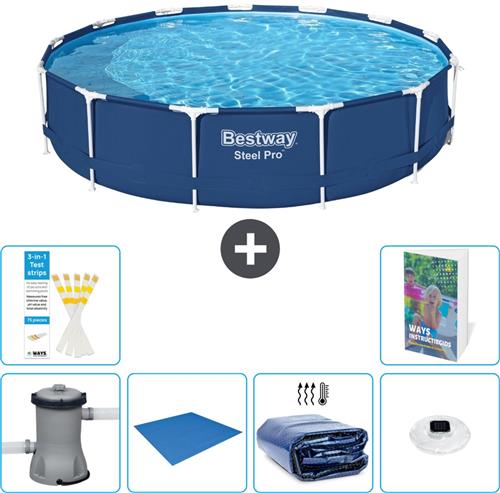 Bestway Rond Steel Pro Zwembad - 396 x 84 cm - Blauw - Inclusief Pomp Grondzeil - Solarzeil - Verlichting - 7-delig