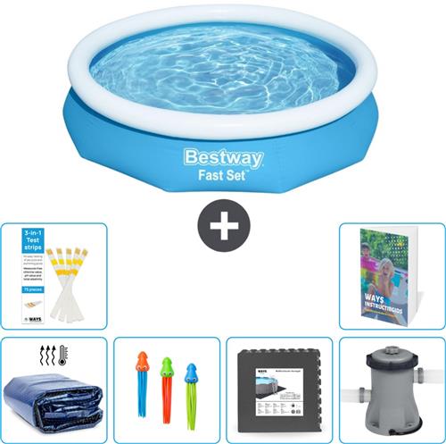 Bestway Rond Opblaasbaar Fast Set Zwembad - 305 x 66 cm - Blauw - Inclusief Solarzeil - Speelgoed - Vloertegels - Zwembadfilterpomp - 7-delig