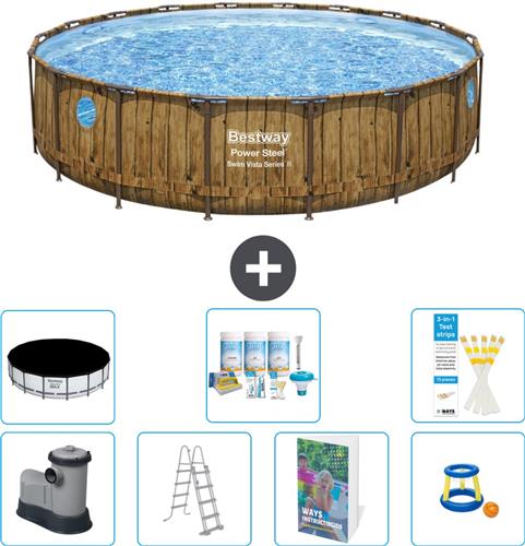 Bestway Rond Power Steel Swim Vista Zwembad - Houtprint - 549 x 122 - Inclusief Pomp - Ladder - Afdekzeil - Onderhoudspakket - Speelgoed - 8-delig