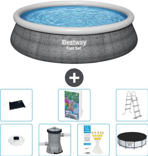 Bestway Rond Opblaasbaar Fast Set Zwembad - Rotanprint - 457 x 107 cm - Inclusief Pomp - Ladder Afdekzeil - Solar Mat - Verlichting - 8-delig