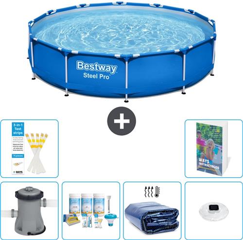 Bestway Rond Steel Pro Zwembad - 305 x 76 cm - Blauw - Inclusief Pomp Onderhoudspakket - Solarzeil - Verlichting - 7-delig