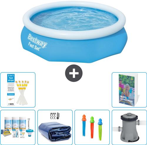 Bestway Rond Opblaasbaar Fast Set Zwembad - 305 x 76 cm - Blauw - Inclusief Onderhoudspakket - Solarzeil - Speelgoed - Zwembadfilterpomp - 7-delig