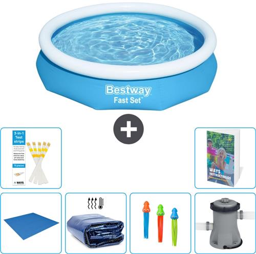 Bestway Rond Opblaasbaar Fast Set Zwembad - 305 x 66 cm - Blauw - Inclusief Grondzeil - Solarzeil - Speelgoed - Zwembadfilterpomp - 7-delig