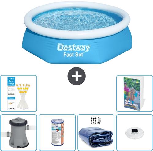 Bestway Rond Opblaasbaar Fast Set Zwembad - 244 x 61 cm - Blauw - Inclusief Pomp Filter - Solarzeil - Verlichting - 7-delig
