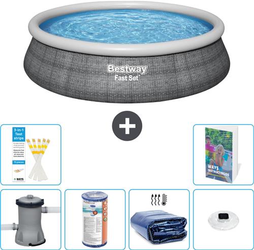 Bestway Rond Opblaasbaar Fast Set Zwembad - Rotanprint - 457 x 84 cm - Inclusief Pomp Filter - Solarzeil - Verlichting - 7-delig