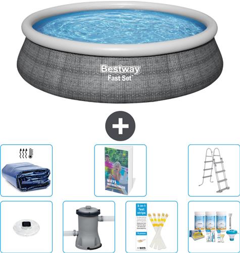 Bestway Rond Opblaasbaar Fast Set Zwembad - Rotanprint - 457 x 107 cm - Inclusief Pomp - Ladder Onderhoudspakket - Solarzeil - Verlichting - 8-delig