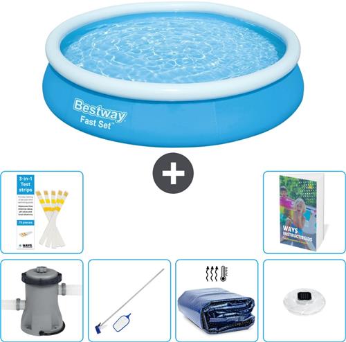 Bestway Rond Opblaasbaar Fast Set Zwembad - 366 x 76 cm - Blauw - Inclusief Pomp Schoonmaakset - Solarzeil - Verlichting - 7-delig