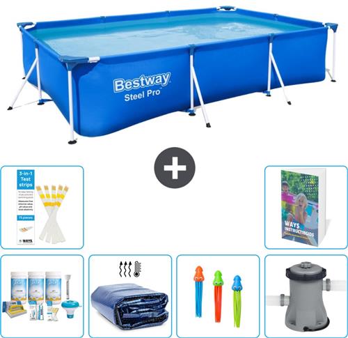 Bestway Rechthoekig Steel Pro Zwembad - 300 x 201 x 66 cm - Blauw - Inclusief Onderhoudspakket - Solarzeil - Speelgoed - Zwembadfilterpomp - 7-delig