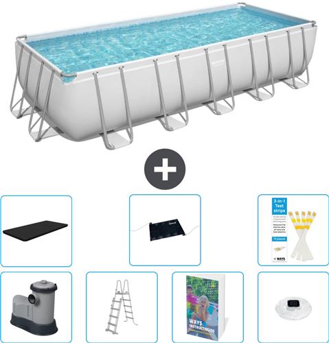 Bestway Rechthoekig Power Steel Zwembad - 640 x 274 x 132 - Grijs - Inclusief Pomp - Ladder - Afdekzeil - Solar Mat - Verlichting - 8-delig