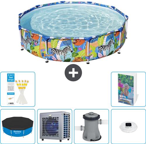 Bestway Rond Steel Pro Zwembad - 305 x 66 cm - Jungleprint - Inclusief Afdekzeil - Warmtepomp - Zwembadfilterpomp - Verlichting - 7-delig