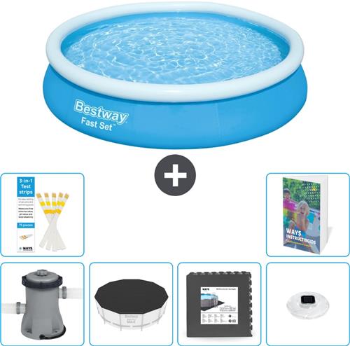 Bestway Rond Opblaasbaar Fast Set Zwembad - 366 x 76 cm - Blauw - Inclusief Pomp Afdekzeil - Vloertegels - Verlichting - 7-delig