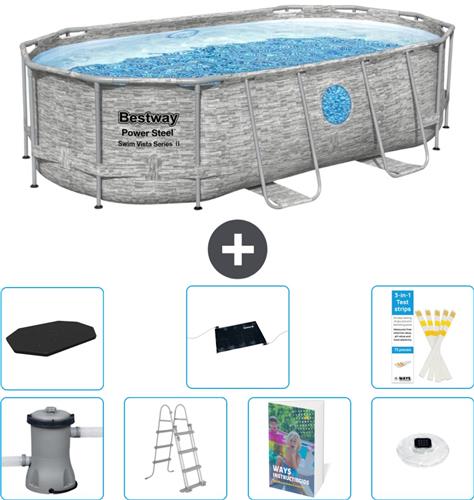Bestway Ovaal Power Steel Swim Vista Zwembad - Steenprint - 427 x 250 x 100 - Inclusief Pomp - Ladder - Afdekzeil - Solar Mat - Verlichting - 8-delig