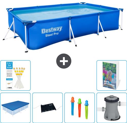 Bestway Rechthoekig Steel Pro Zwembad - 300 x 201 x 66 cm - Blauw - Inclusief Afdekzeil - Solar Mat - Speelgoed - Zwembadfilterpomp - 7-delig