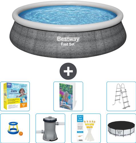 Bestway Rond Opblaasbaar Fast Set Zwembad - Rotanprint - 457 x 107 cm - Inclusief Pomp - Ladder Afdekzeil - Onderhoudspakket - Speelgoed - 8-delig