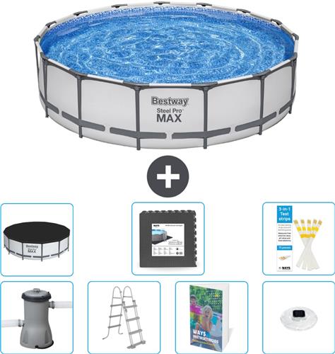 Bestway Rond Steel Pro MAX Zwembad - 457 x 107 cm - Grijs - Inclusief Pomp - Ladder - Afdekzeil - Vloertegels - Verlichting - 8-delig