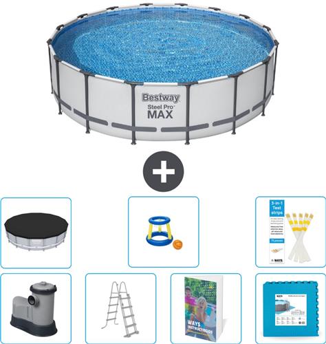 Bestway Rond Steel Pro MAX Zwembad - 488 x 122 cm - Grijs - Inclusief Pomp - Ladder - Afdekzeil - Speelgoed - Vloertegels - 8-delig