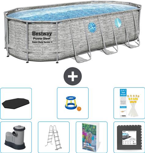 Bestway Ovaal Power Steel Swim Vista Zwembad - Steenprint - 549 x 274 x 122 - Inclusief Pomp - Ladder - Afdekzeil - Speelgoed - Vloertegels - 8-delig