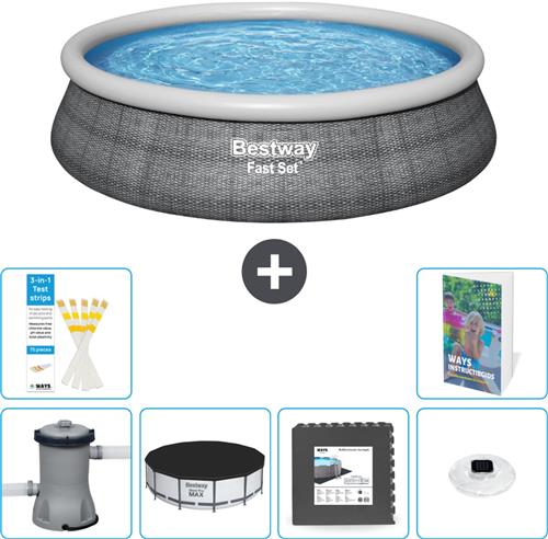 Bestway Rond Opblaasbaar Fast Set Zwembad - Rotanprint - 457 x 84 cm - Inclusief Pomp Afdekzeil - Vloertegels - Verlichting - 7-delig