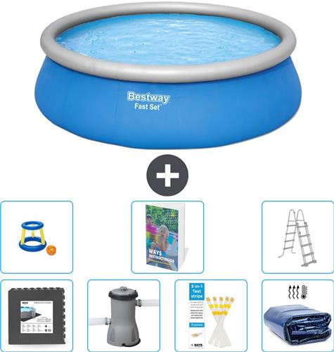 Bestway Rond Opblaasbaar Fast Set Zwembad - 457 x 122 cm - Blauw - Inclusief Pomp - Ladder Solarzeil - Speelgoed - Vloertegels - 8-delig