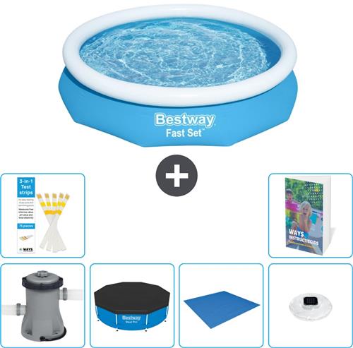 Bestway Rond Opblaasbaar Fast Set Zwembad - 305 x 66 cm - Blauw - Inclusief Pomp Afdekzeil - Grondzeil - Verlichting - 7-delig