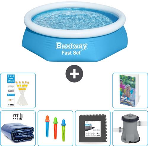 Bestway Rond Opblaasbaar Fast Set Zwembad - 244 x 61 cm - Blauw - Inclusief Solarzeil - Speelgoed - Vloertegels - Zwembadfilterpomp - 7-delig