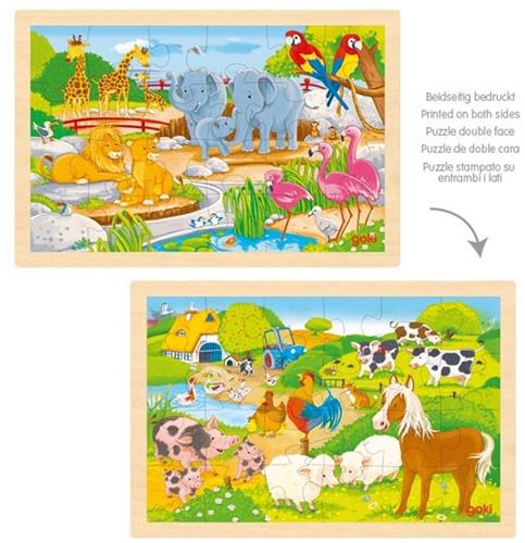 Goki puzzel boerderij dierentuin houten legpuzzel dubbelzijdig 24 stukjes.