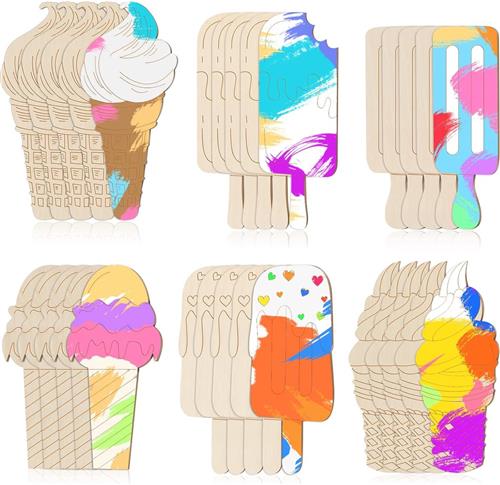 30 stuks - IJsjesvorm - 6 stijlen - Ongeverfd - DIY - Hout - Knutselwerk - IJshoorntjes - Perfect voor zomerse kunstprojecten en feestcadeautjes met een donutthema - Natuurlijke houtkleur