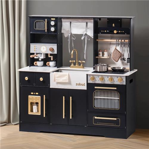 Robotime - ROBUD Houten Moderne Speelkeuken - Zwart - Rollenspelset met Volledige Accessoires - Voor Peuters 3+