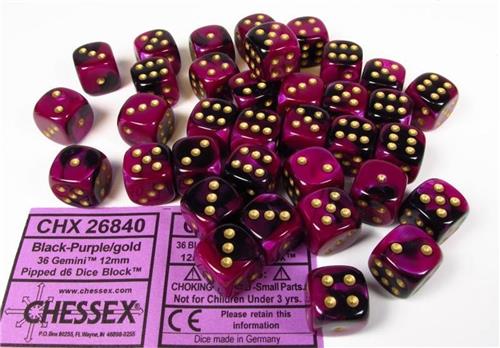 Chessex Gemini Black-Purple/gold D6 12mm Dobbelsteen Set (36 stuks)