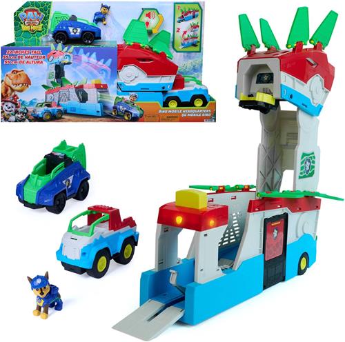 PAW Patrol: The Dino Movie, Dino Mobile-hoofdkwartier, 2-in-1 transformerende hoofdkwartierspeelset van 55,8 cm met licht en geluid, inclusief Chase-actiefiguur en 2 voertuigen om mee in actie te komen