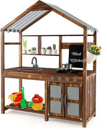 COSTWAY Modderkeuken kinderen outdoor, kinderkeuken massief hout met luifel & kraan & spoelbak & tafel & bloempotten, tuinkeuken incl. accessoires, speelkeuken outdoor keuken voor kinderen