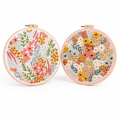 GloovonÂ® Borduurset voor Beginners - DIY Pakket Handwerken - Set van 2 Bloemendesigns - Botanische Decoratie - Inclusief Ringen