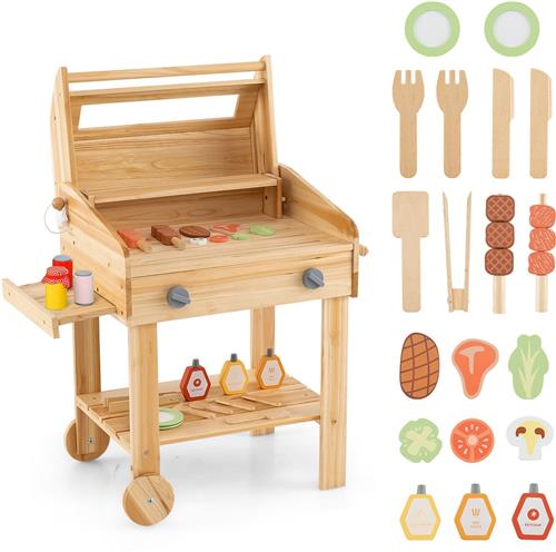 COSTWAY Kinderbarbecue met barbecue-accessoires, grill voor kinderen met rek en wielen, 25-delig. BBQ Grill speelset voor jongens en meisjes vanaf 3 jaar