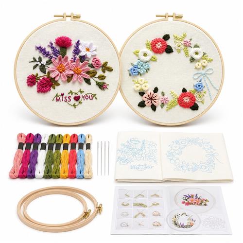 GloovonÂ® Borduurpakket Volwassenen - Borduren voor Beginners - 2 Complete Sets - Bloemen Patroon - Ã˜ 20 cm - Inclusief Garen & Naalden