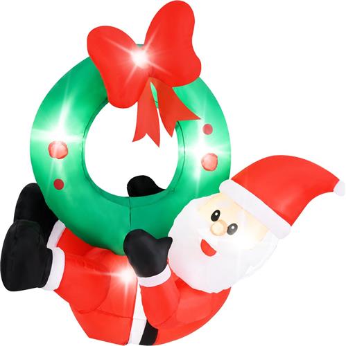 COSTWAY Opblaasbare kerstdecoratie, 120 cm, led-kerstman met krans, opblaasbare kerstman, kerstdecoratie, muur buiten