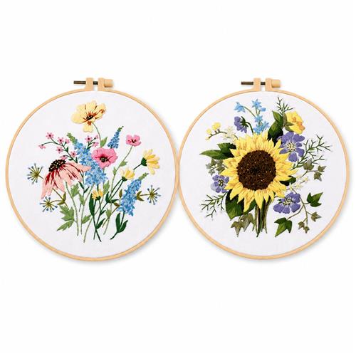 GloovonÂ® Borduurset Beginners - Wilde Bloemen & Zonnebloem - Geschikt voor Ontspanning en Wanddecoratie - Katoen - 2-delig