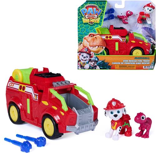PAW Patrol: The Dino Movie, Marshall Dino Rescue Firetruck met volledig ronddraaiende projectielwerper en 2 actiefiguren