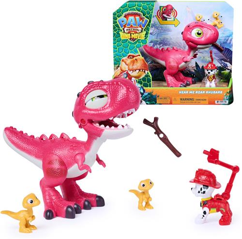 PAW Patrol: The Dino Movie, Hear Me Roar Rhubarb, speelgoeddinosaurus van 17,7 cm met geactiveerde geluiden, Marshall-actiefiguur en 2 dinofiguren