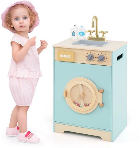 COSTWAY Kinderwasmachine van hout, speelgoedwasmachine met wasmiddel en handdesinfectiemiddel, waskeukenset met spoelbak, lade en draaiknop, cadeau voor kinderen vanaf 3 jaar