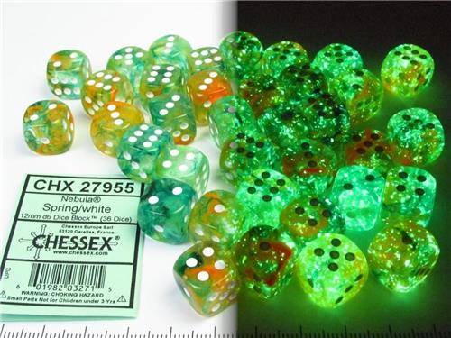 Chessex Nebula Spring/white Luminary D6 12mm Dobbelsteen Set (36 stuks)