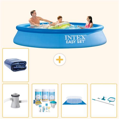 Intex Rond Opblaasbaar Easy Set Zwembad - 305 x 61 cm - Blauw - Inclusief Pomp - Onderhoudspakket - Grondzeil - Schoonmaakset - Solarzeil - 6-delig