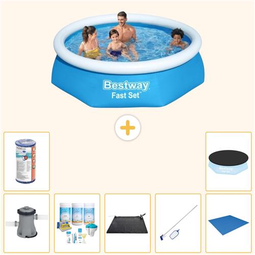 Bestway Rond Opblaasbaar Fast Set Zwembad - 244 x 61 cm - Blauw - Inclusief Pomp - Onderhoudspakket - Solar Mat - Schoonmaakset - Grondzeil - Filter - Afdekzeil - 8-delig