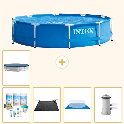 Intex Rond Frame Zwembad - 366 x 76 cm - Blauw - Inclusief Onderhoudspakket - Solar Mat - Grondzeil - Zwembadfilterpomp - Afdekzeil - 6-delig
