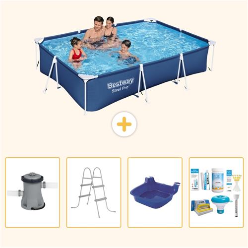 Bestway Rechthoekig Steel Pro Zwembad - 300 x 201 x 66 cm - Blauw - Inclusief Pomp - Ladder - Voetenbad - Onderhoudspakket - 5-delig