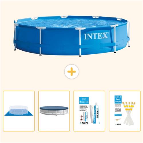 Intex Rond Frame Zwembad - 366 x 76 cm - Blauw - Inclusief Grondzeil - Afdekzeil - Reparatiesetje - Testrips - 5-delig