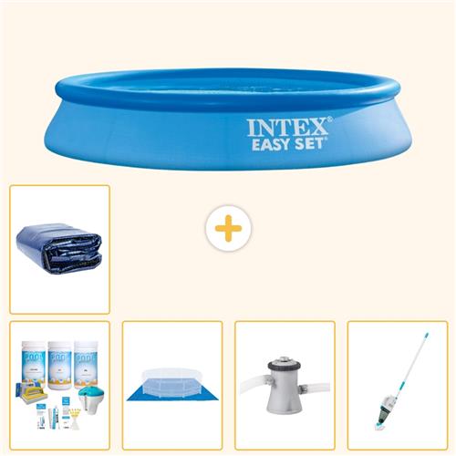 Intex Rond Opblaasbaar Easy Set Zwembad - 305 x 61 cm - Blauw - Inclusief Onderhoudspakket - Grondzeil - Zwembadfilterpomp - Stofzuiger - Solarzeil - 6-delig