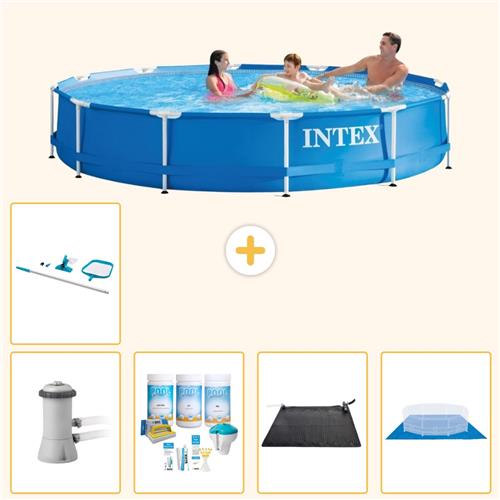 Intex Rond Frame Zwembad - 366 x 76 cm - Blauw - Inclusief Pomp - Onderhoudspakket - Solar Mat - Grondzeil - Schoonmaakset - 6-delig