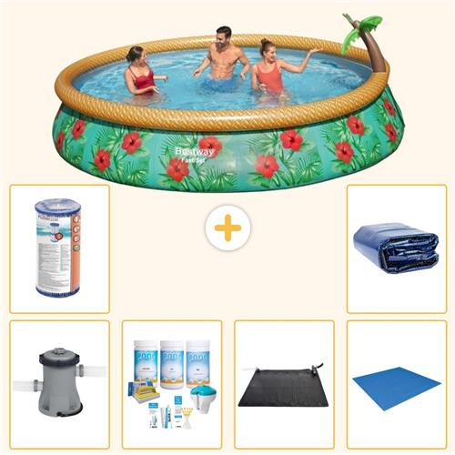Bestway Rond Opblaasbaar Fast Set Zwembad - Paradijsprint - 457 x 84 cm - Inclusief Pomp - Onderhoudspakket - Solar Mat - Grondzeil - Filter - Solarzeil - 7-delig