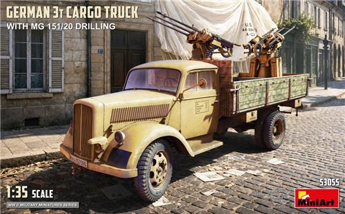 MiniArt Modelbouwpakket Auto - 53055 Opel Blitz 3 Ton Cargo Truck met MG 151/20 Drilling WWII - Duitse Militaire Vrachtwagen Plastic - 1:35 - Modelbouw