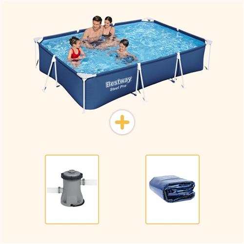 Bestway Rechthoekig Steel Pro Zwembad - 300 x 201 x 66 cm - Blauw - Inclusief Pomp - Solarzeil - 3-delig